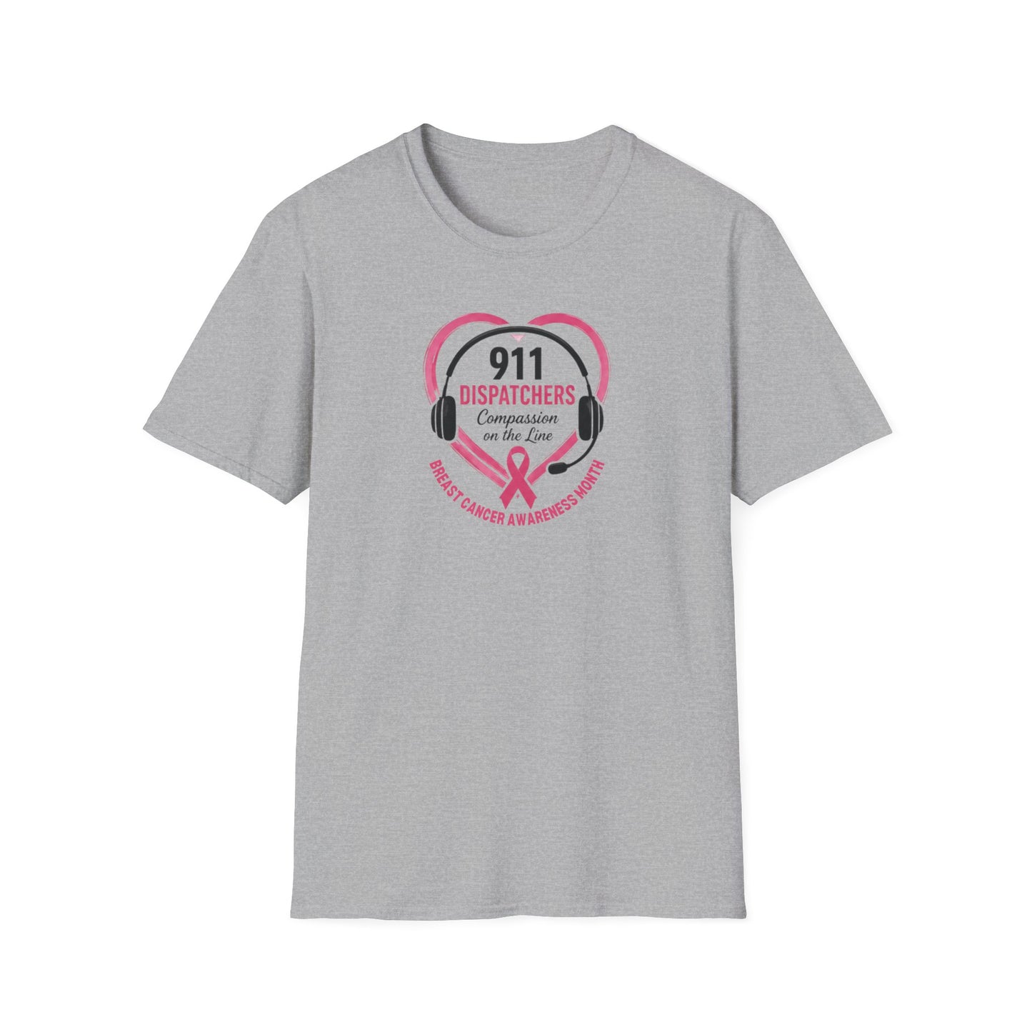Breast Cancer Awareness: 911 Headset and Heart Unisex Softstyle T-Shirt