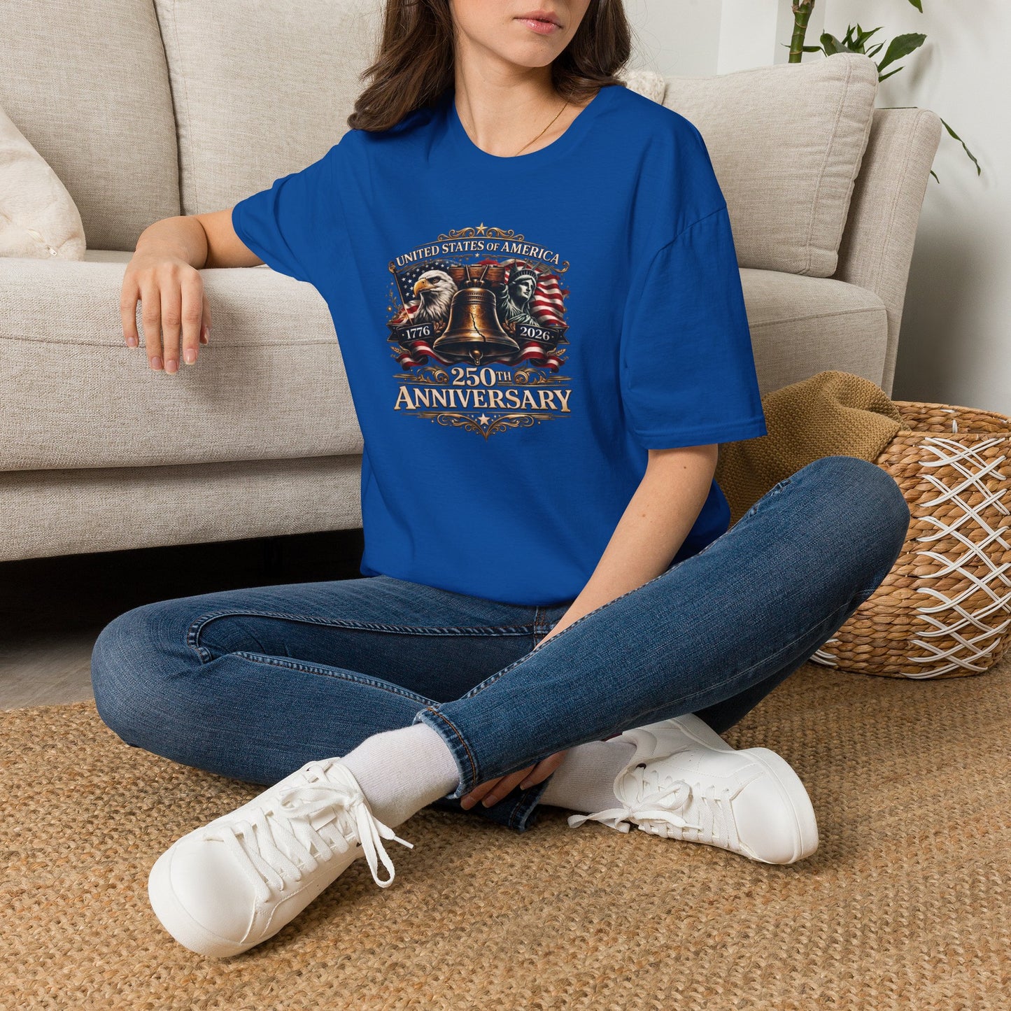 America 250: Liberty Bell with Eagle & Lady Liberty - White Letters Unisex Softstyle T-Shirt