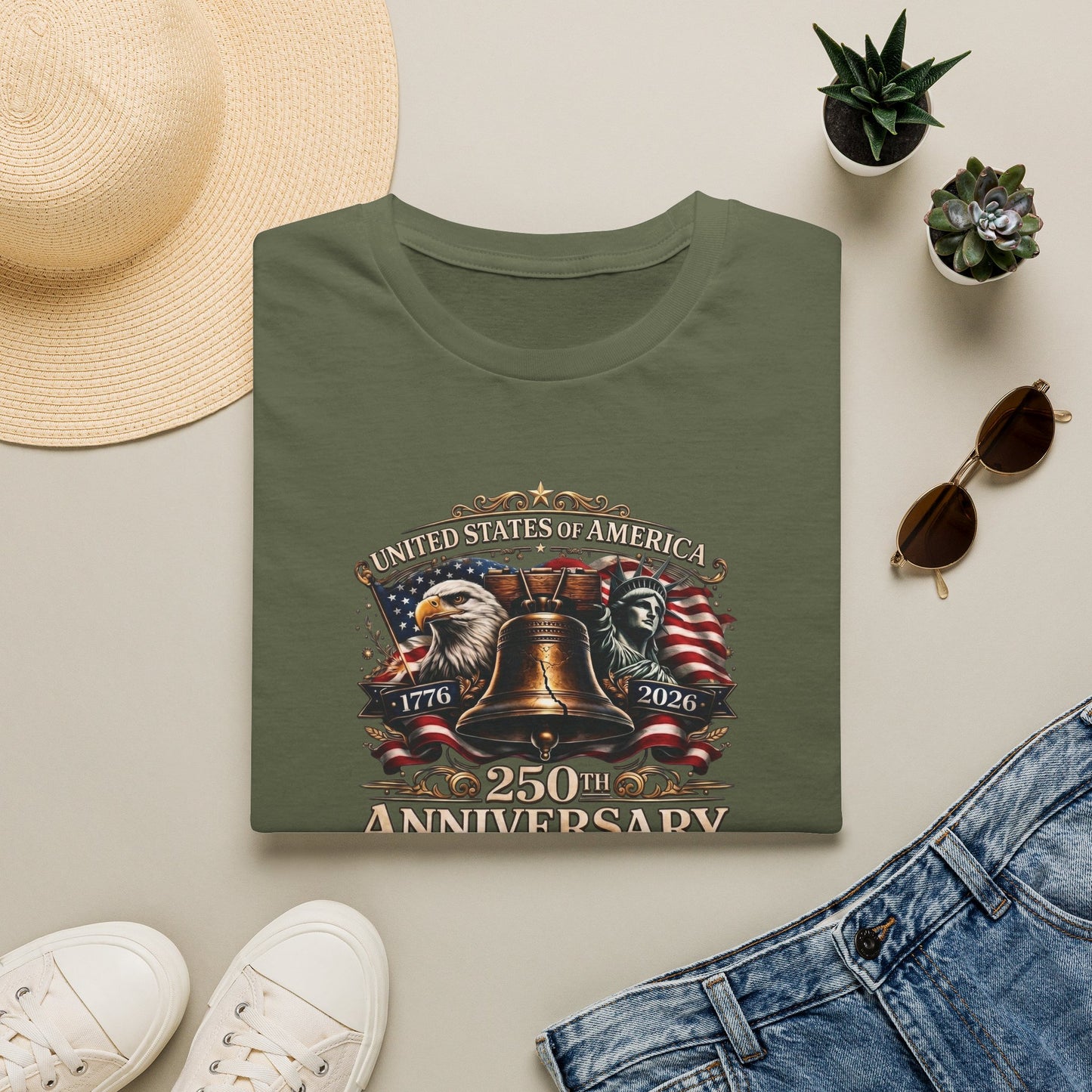 America 250: Liberty Bell with Eagle & Lady Liberty - White Letters Unisex Softstyle T-Shirt