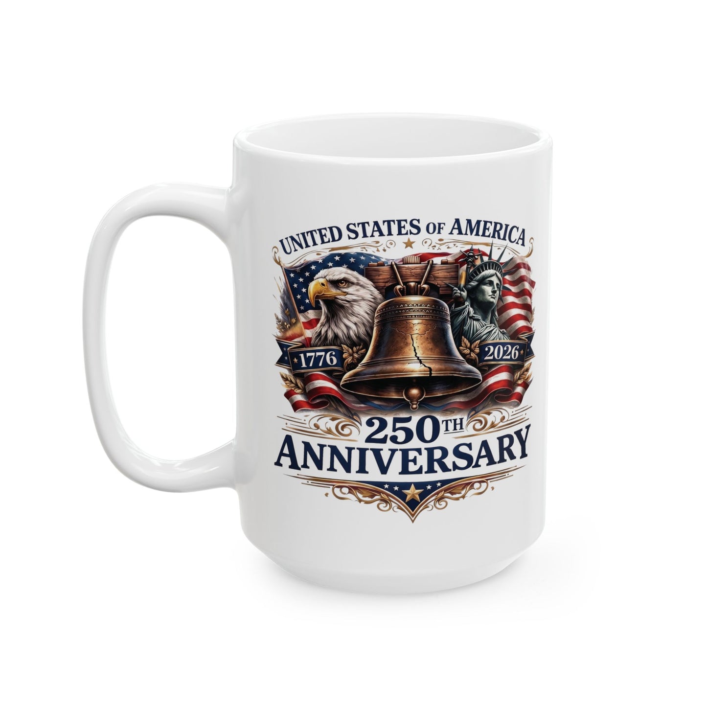 America 250: Liberty Bell with Eagle & Lady Liberty Ceramic Mug, (11oz, 15oz)
