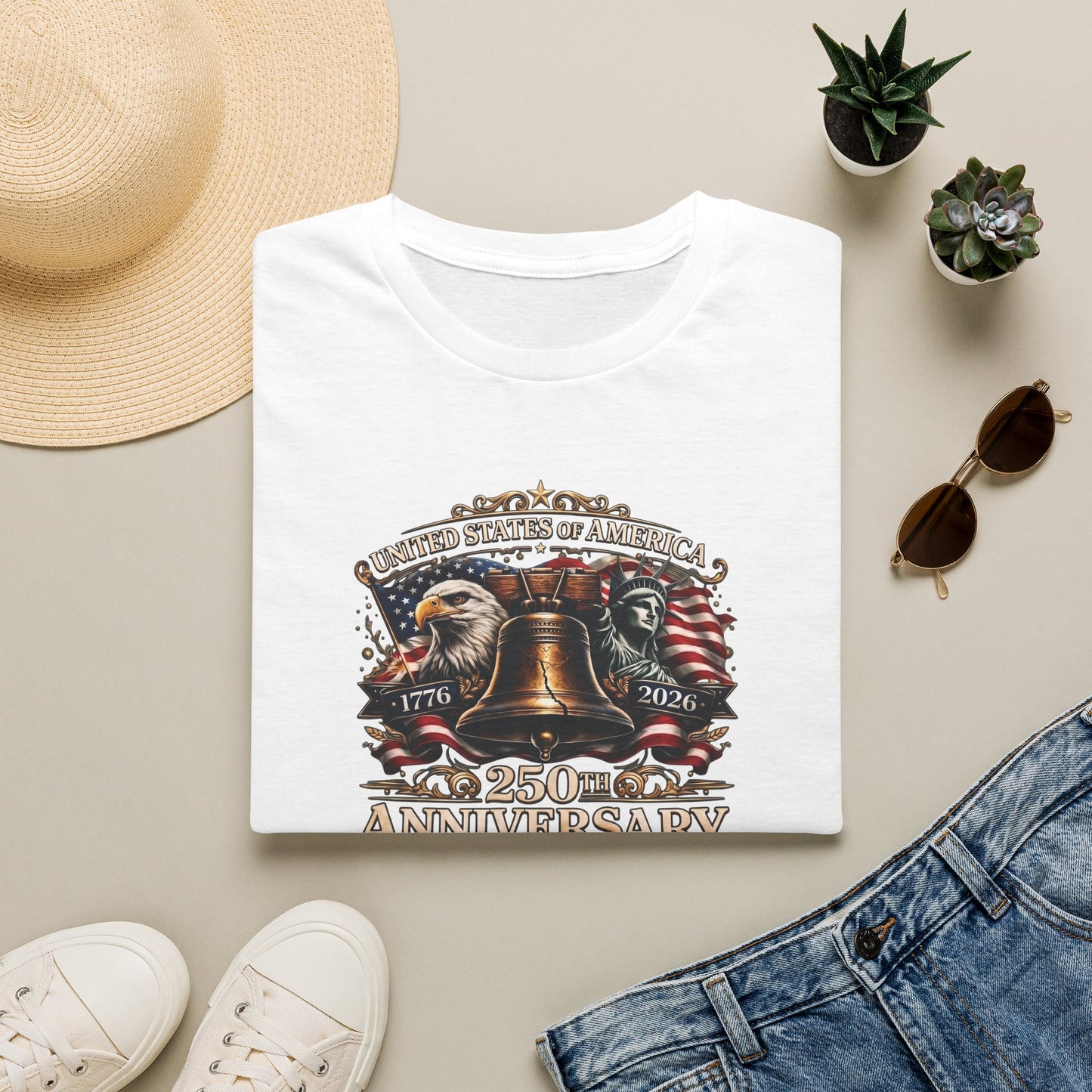 America 250: Liberty Bell with Eagle & Lady Liberty - White Letters Unisex Softstyle T-Shirt