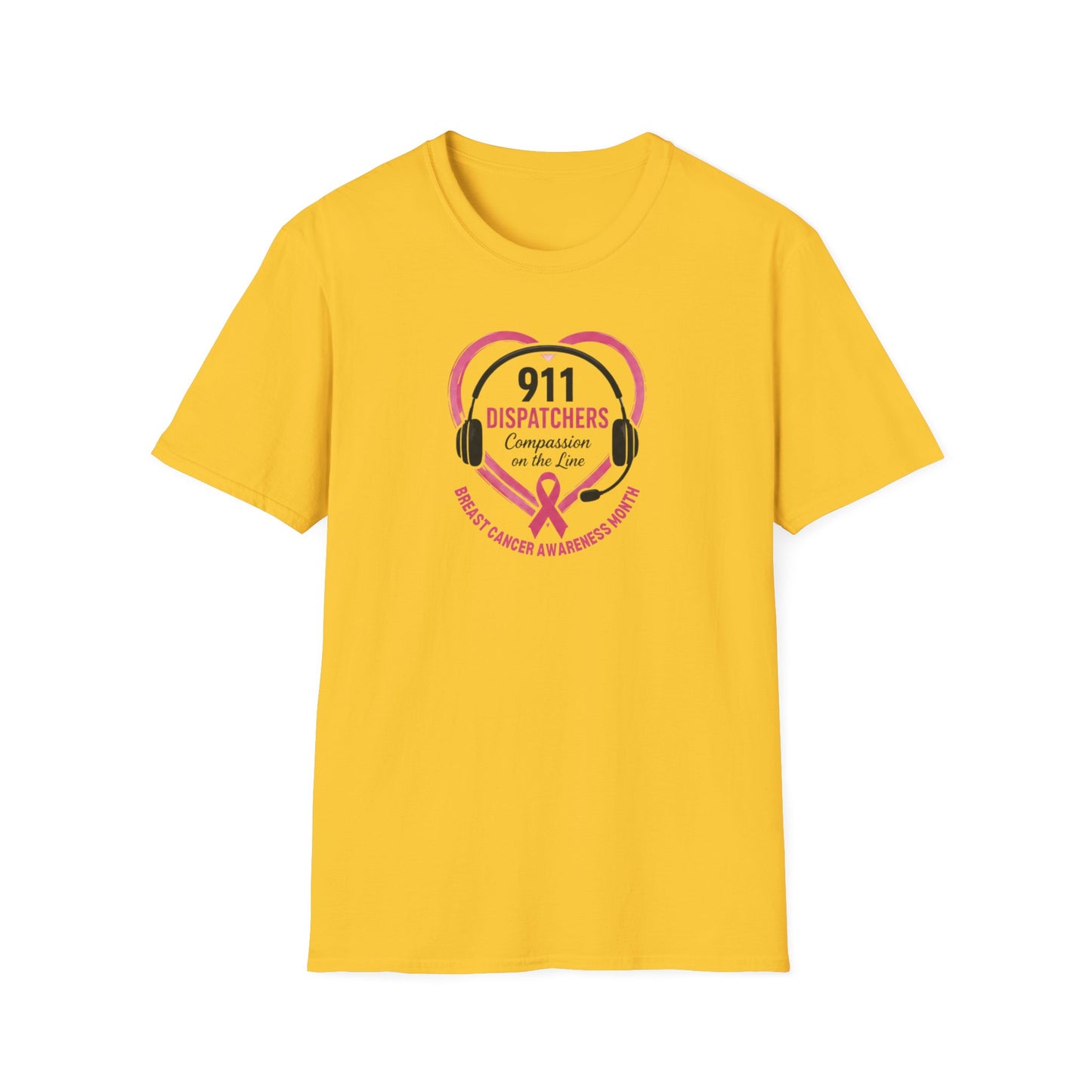 Breast Cancer Awareness: 911 Headset and Heart Unisex Softstyle T-Shirt