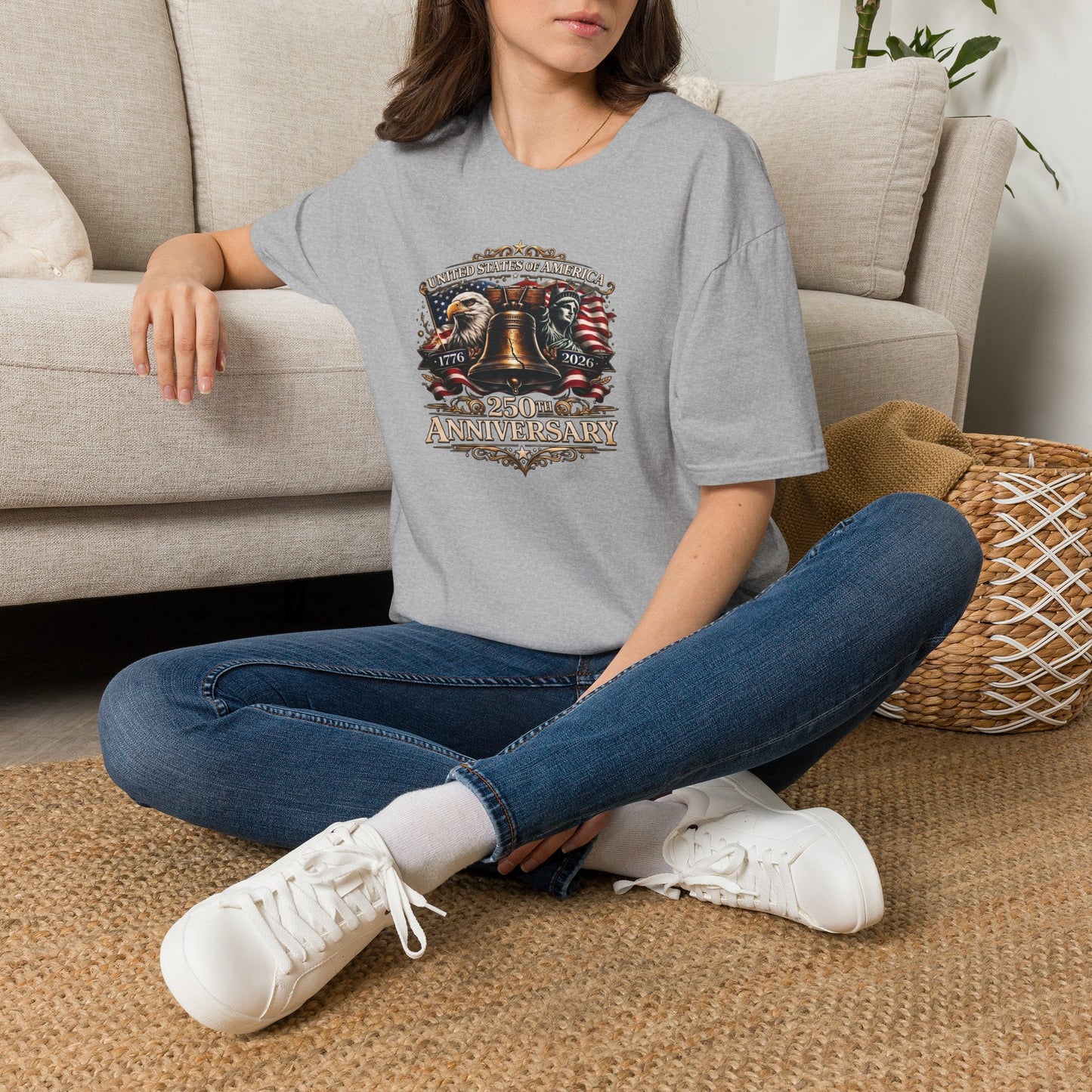 America 250: Liberty Bell with Eagle & Lady Liberty - White Letters Unisex Softstyle T-Shirt