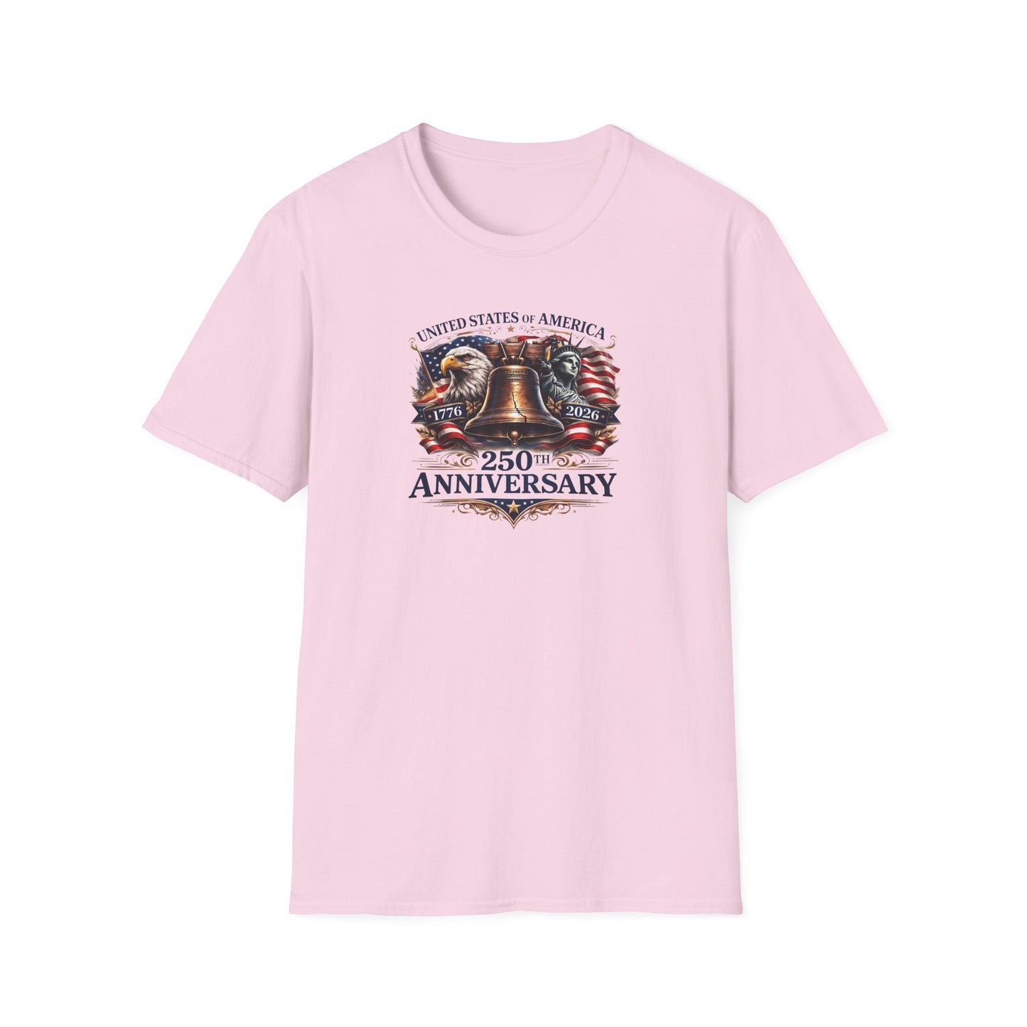 America 250: Liberty Bell with Eagle & Lady Liberty - Blue Letters Unisex Softstyle T-Shirt