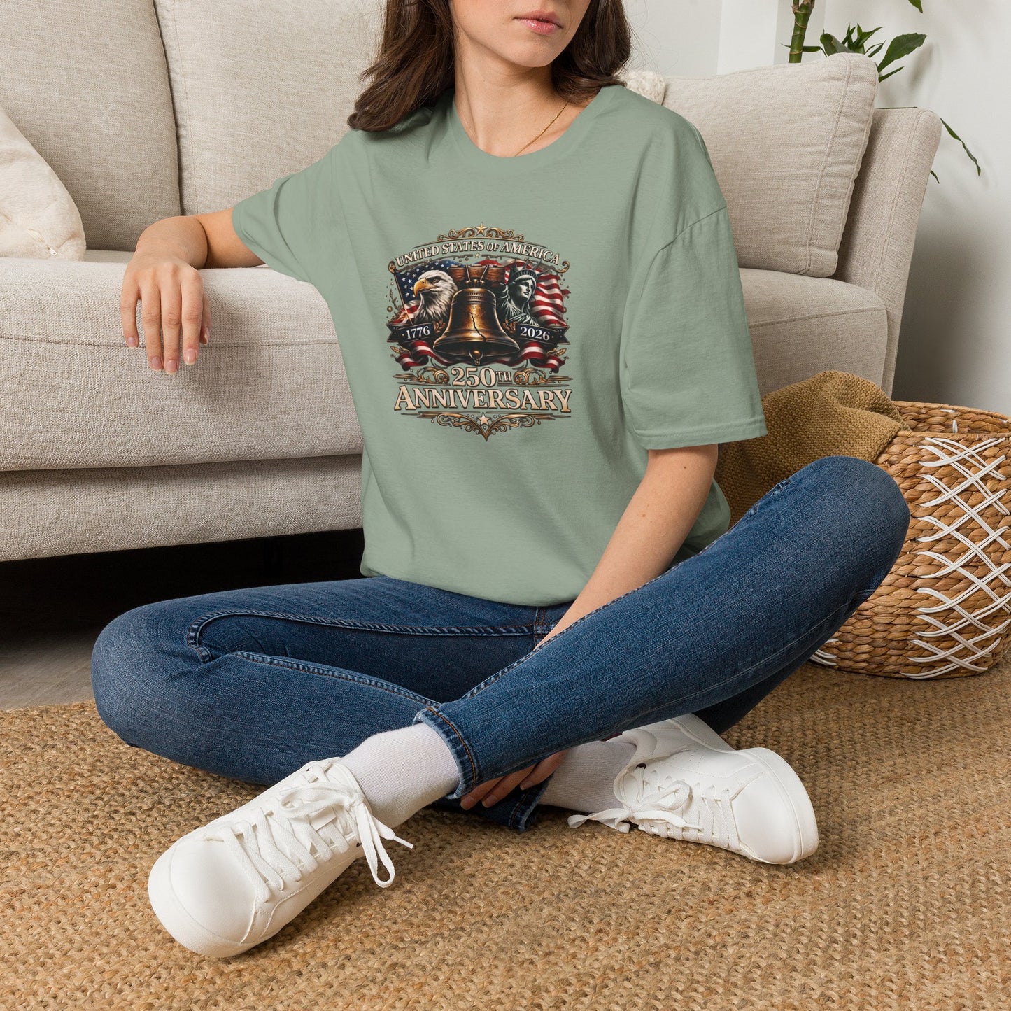 America 250: Liberty Bell with Eagle & Lady Liberty - White Letters Unisex Softstyle T-Shirt