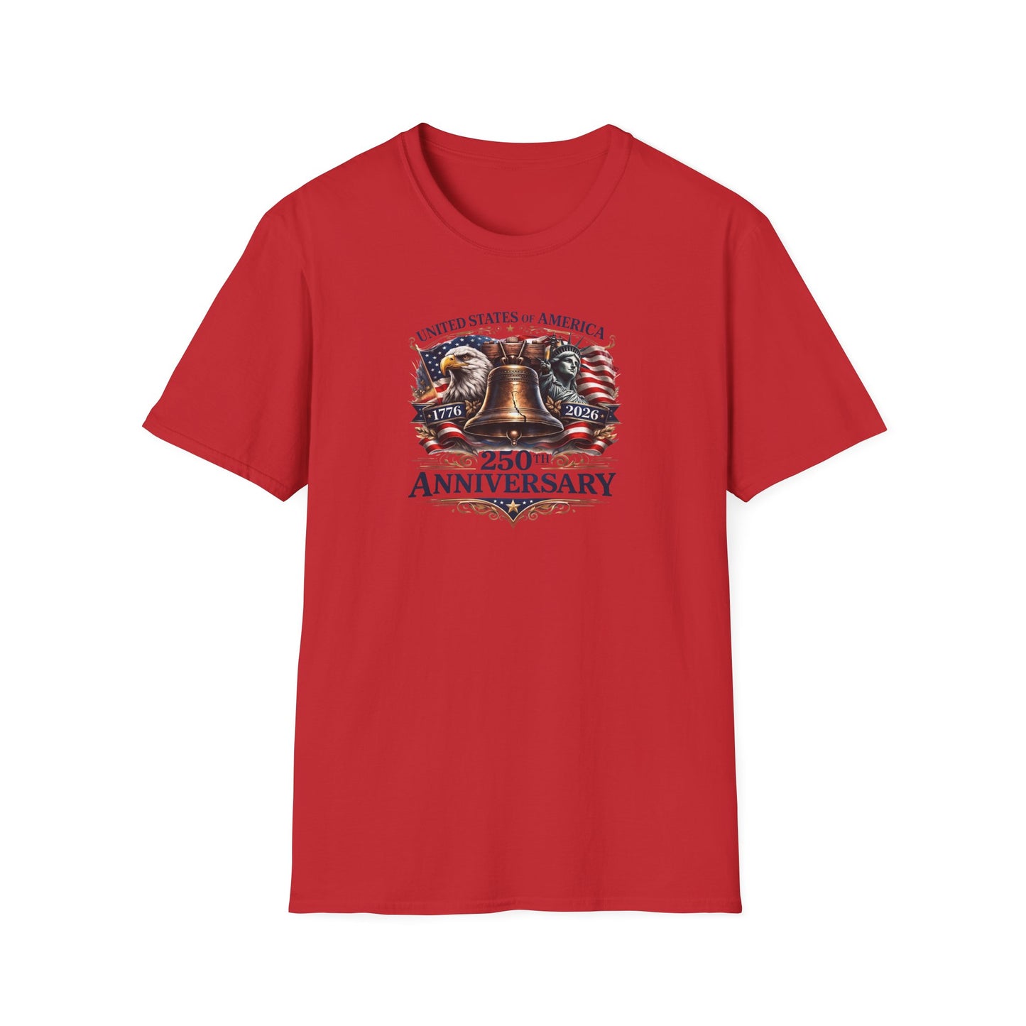 America 250: Liberty Bell with Eagle & Lady Liberty - Blue Letters Unisex Softstyle T-Shirt