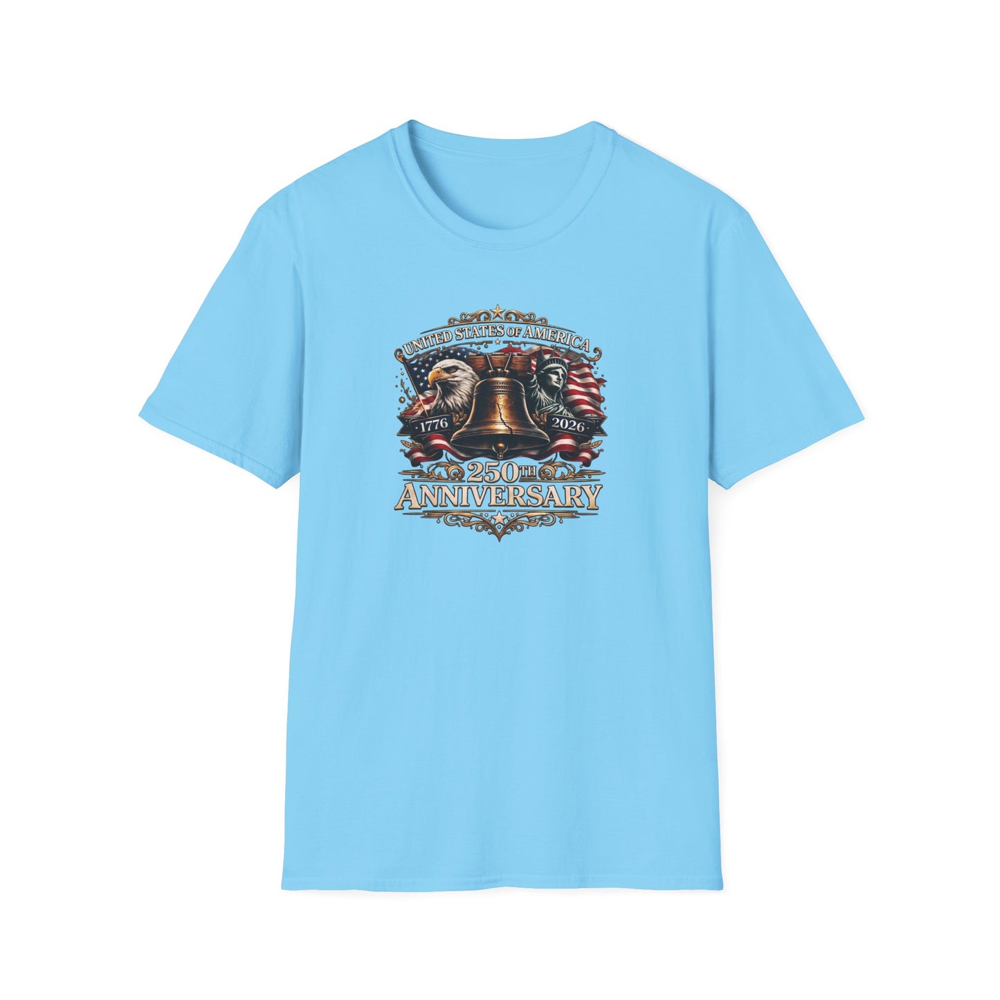 America 250: Liberty Bell with Eagle & Lady Liberty - White Letters Unisex Softstyle T-Shirt