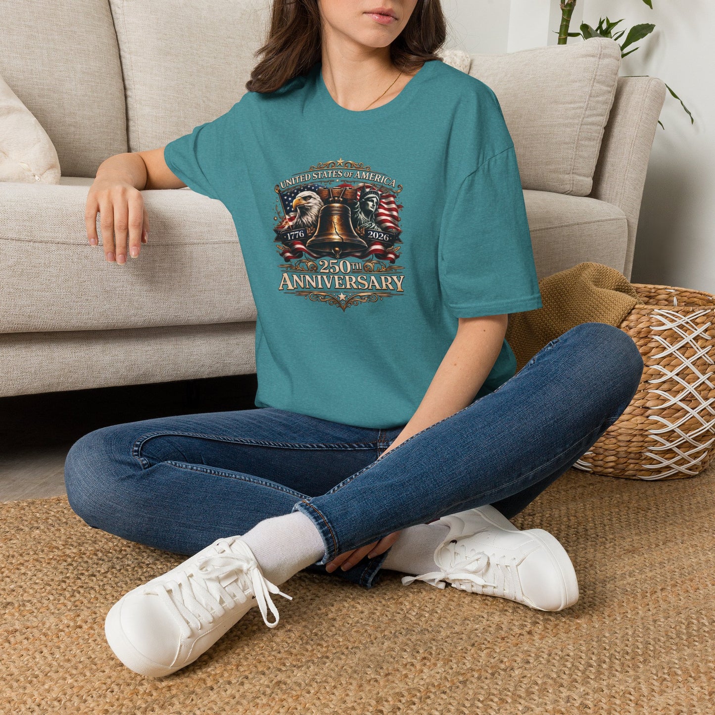 America 250: Liberty Bell with Eagle & Lady Liberty - White Letters Unisex Softstyle T-Shirt