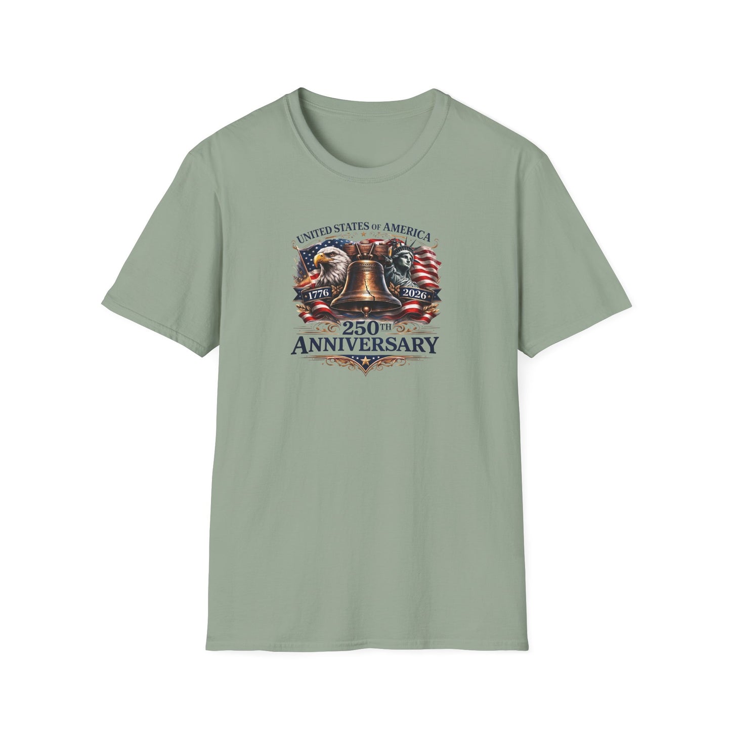 America 250: Liberty Bell with Eagle & Lady Liberty - Blue Letters Unisex Softstyle T-Shirt