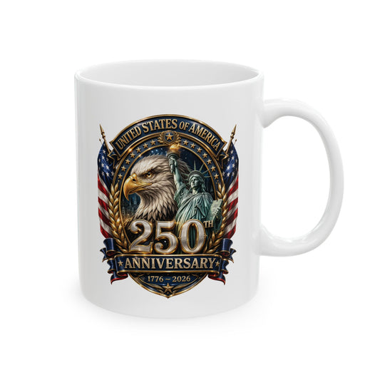 America 250: Eagle and Liberty Oval Shield Ceramic Mug, (11oz, 15oz)