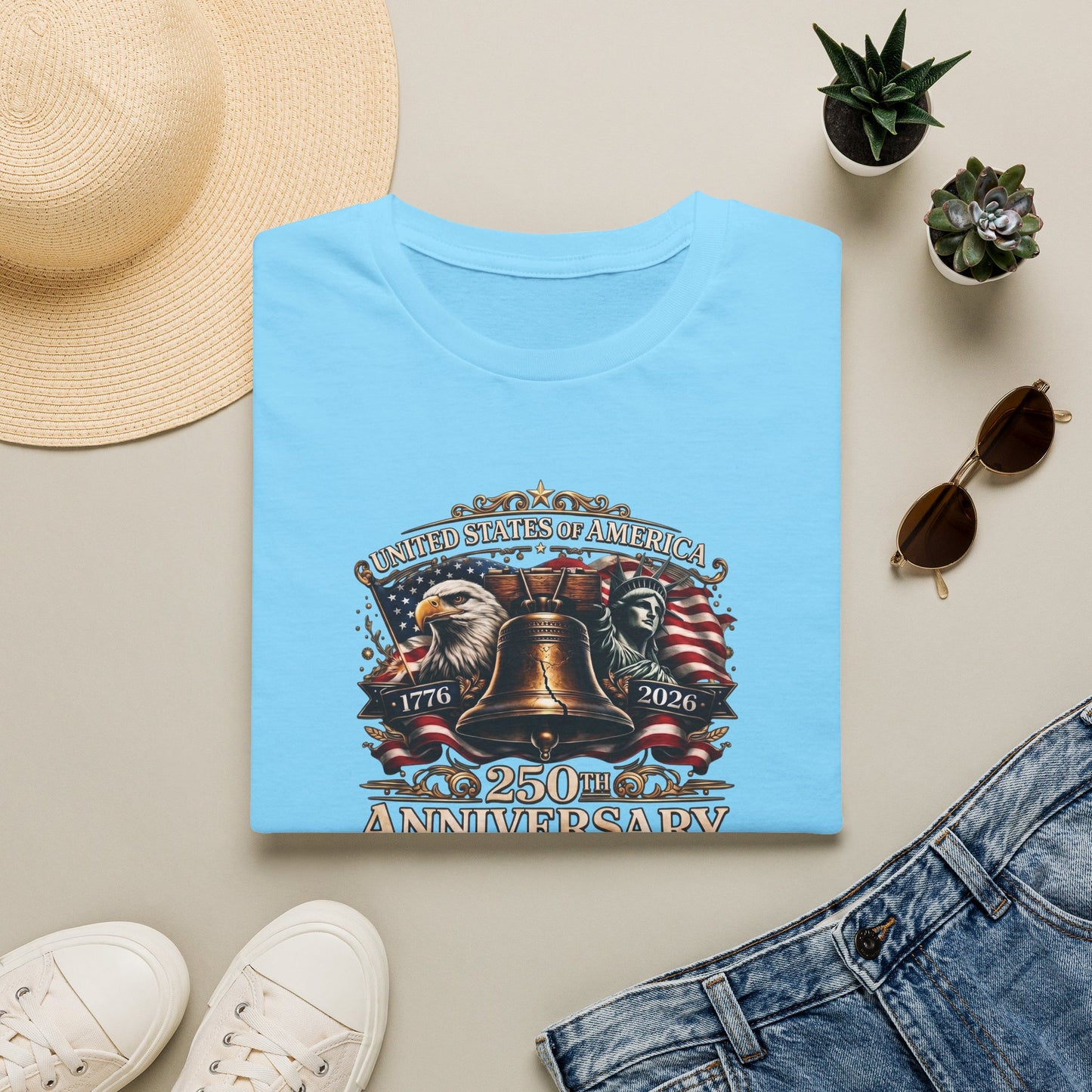 America 250: Liberty Bell with Eagle & Lady Liberty - White Letters Unisex Softstyle T-Shirt