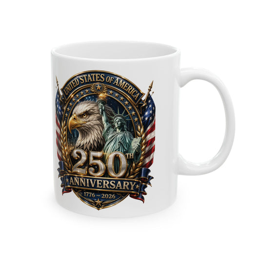 America 250: Eagle and Liberty Oval Shield Ceramic Mug, (11oz, 15oz)
