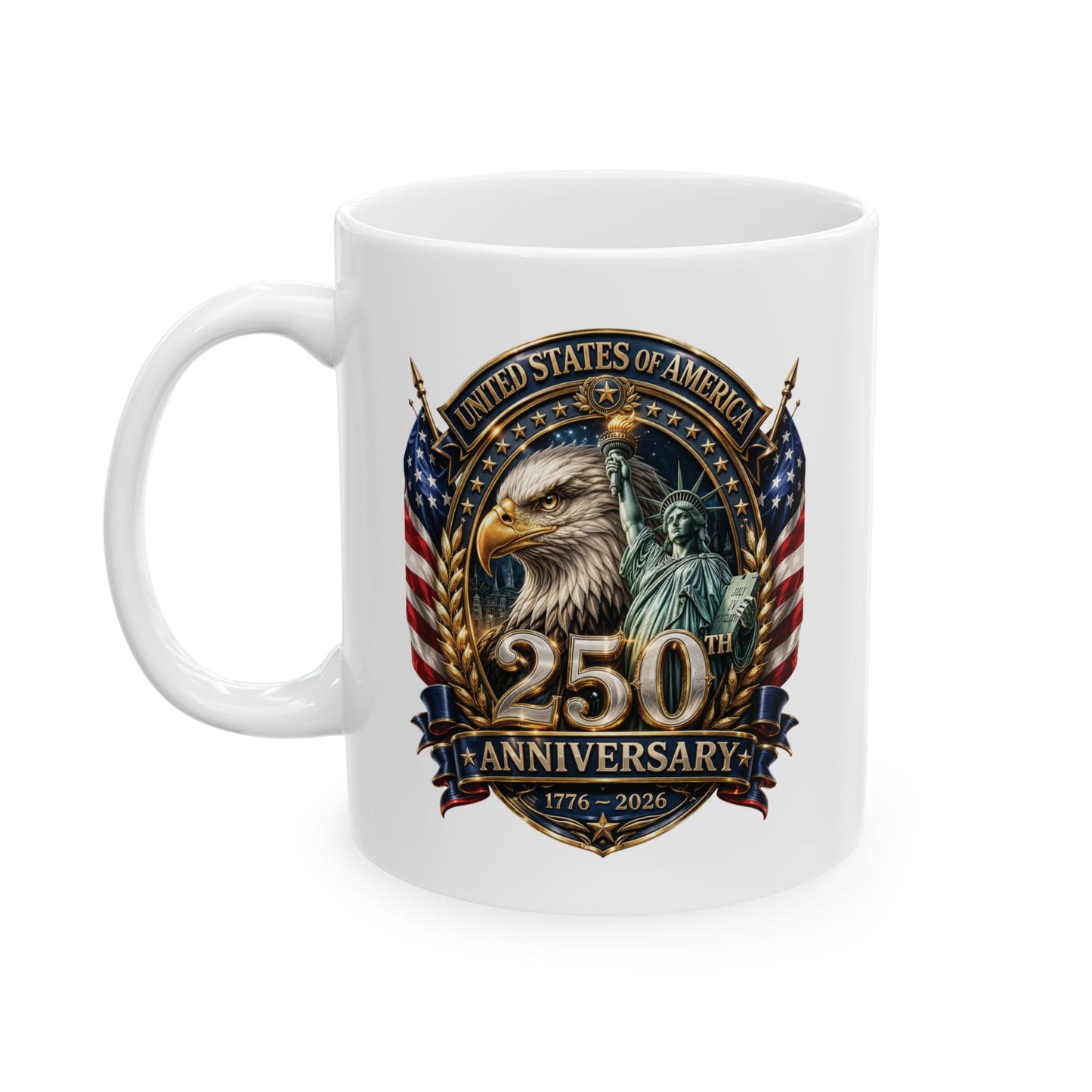 America 250: Eagle and Liberty Oval Shield Ceramic Mug, (11oz, 15oz)