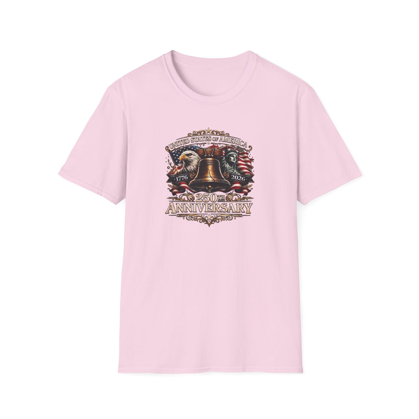 America 250: Liberty Bell with Eagle & Lady Liberty - White Letters Unisex Softstyle T-Shirt