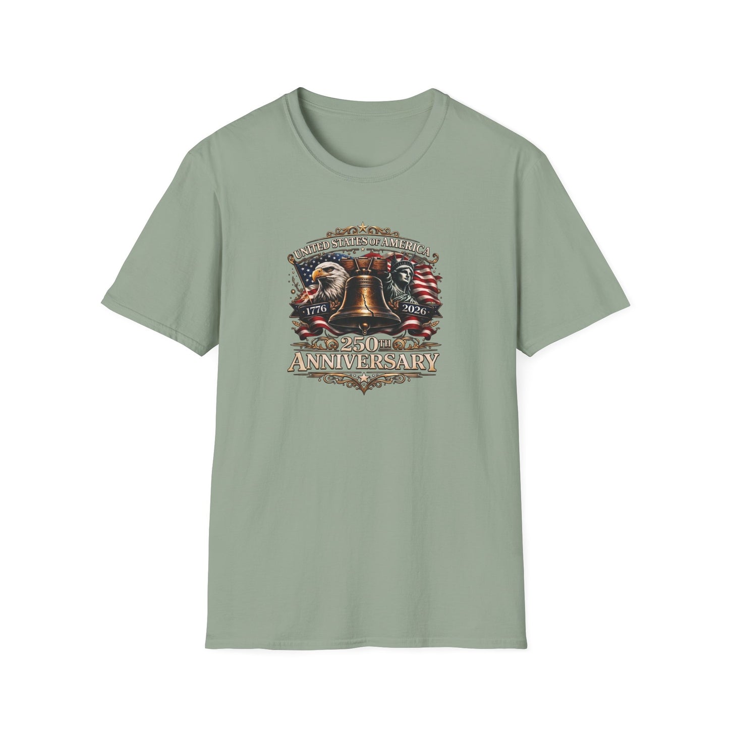America 250: Liberty Bell with Eagle & Lady Liberty - White Letters Unisex Softstyle T-Shirt