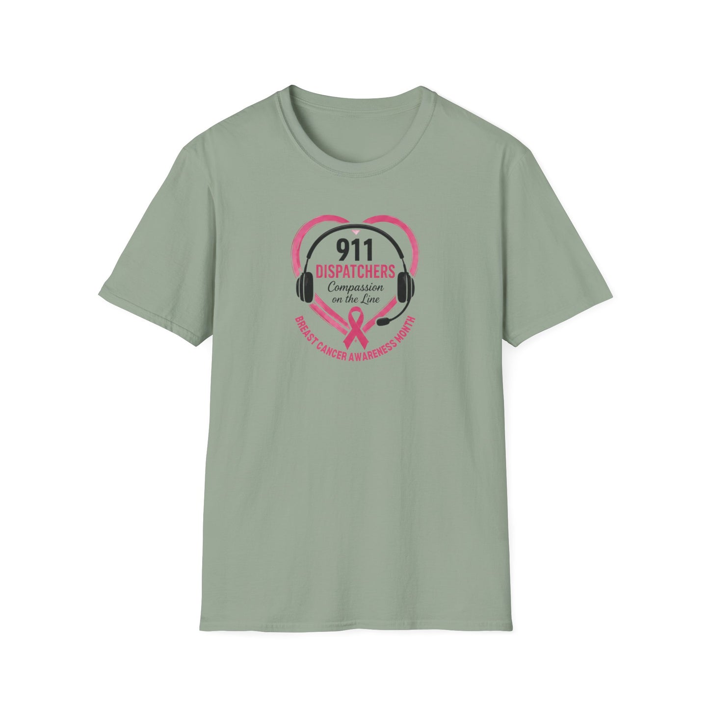 Breast Cancer Awareness: 911 Headset and Heart Unisex Softstyle T-Shirt