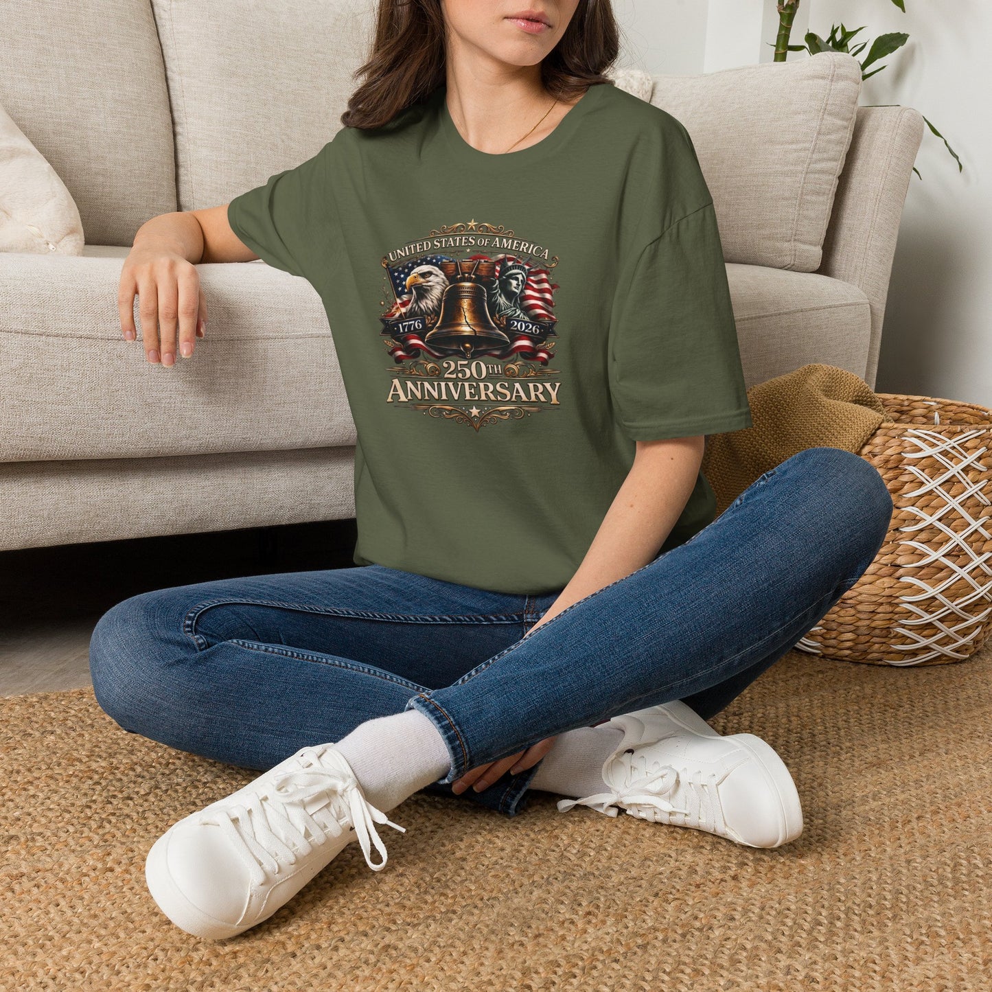 America 250: Liberty Bell with Eagle & Lady Liberty - White Letters Unisex Softstyle T-Shirt