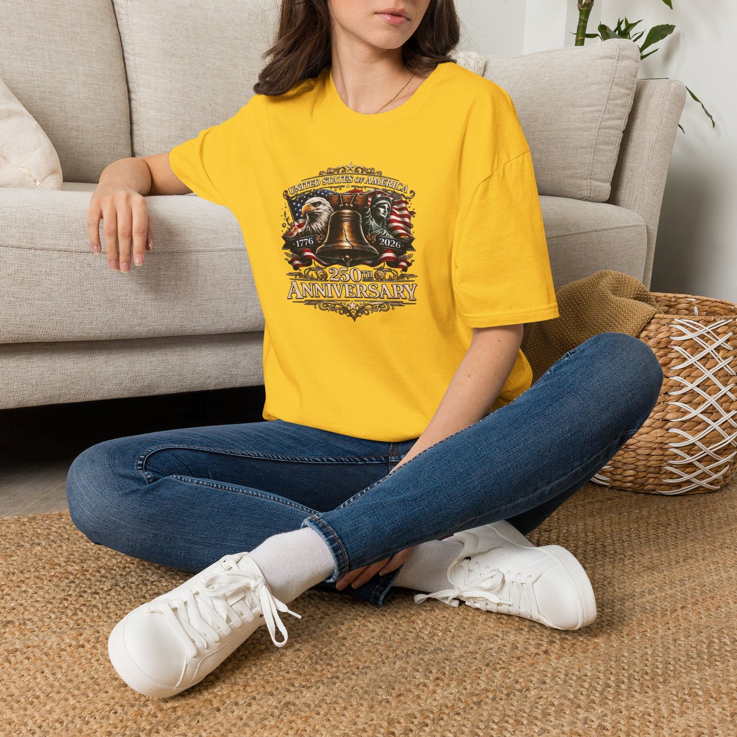 America 250: Liberty Bell with Eagle & Lady Liberty - White Letters Unisex Softstyle T-Shirt