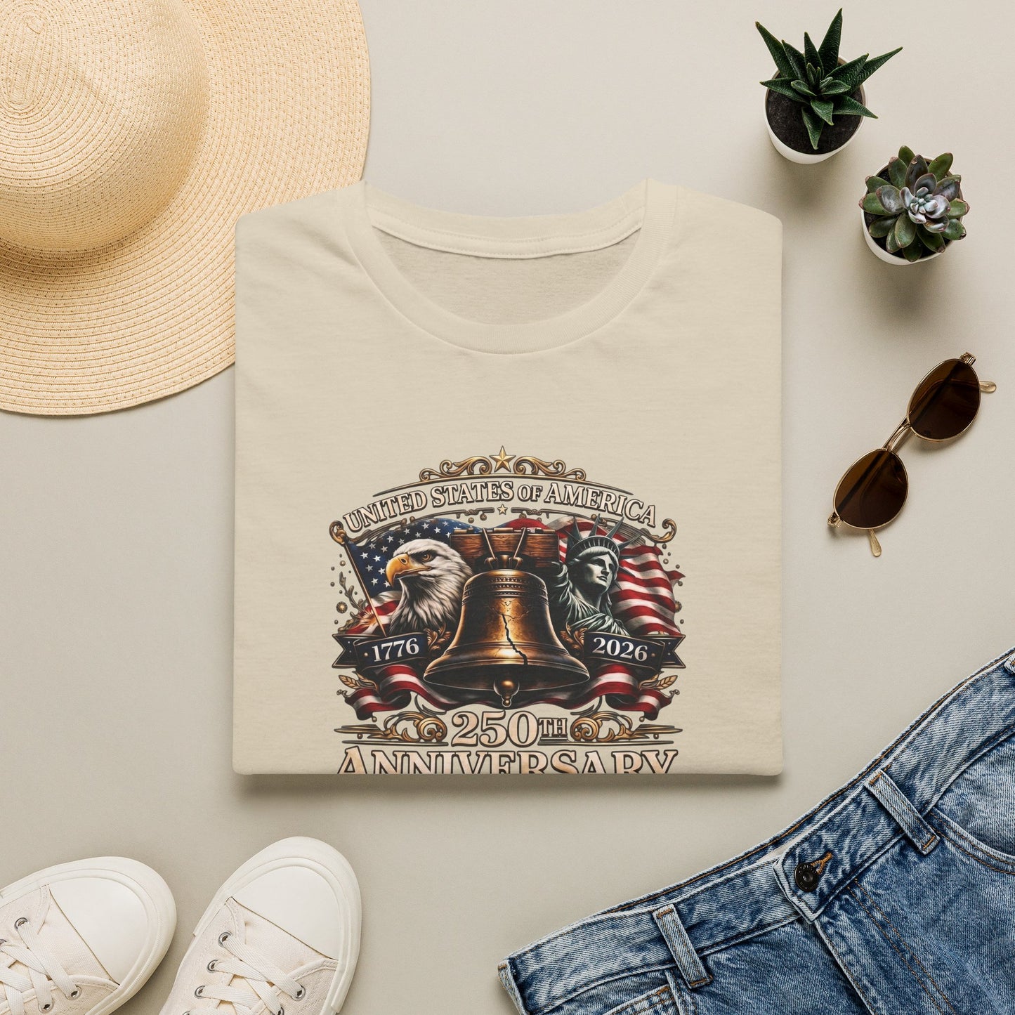 America 250: Liberty Bell with Eagle & Lady Liberty - White Letters Unisex Softstyle T-Shirt