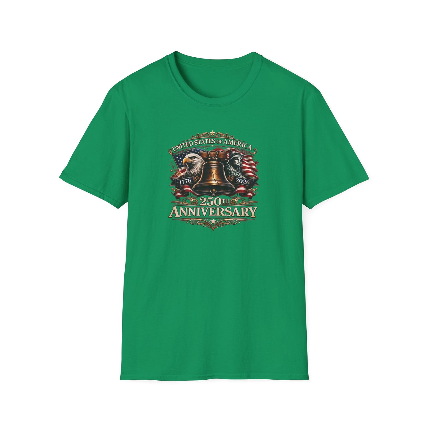 America 250: Liberty Bell with Eagle & Lady Liberty - White Letters Unisex Softstyle T-Shirt