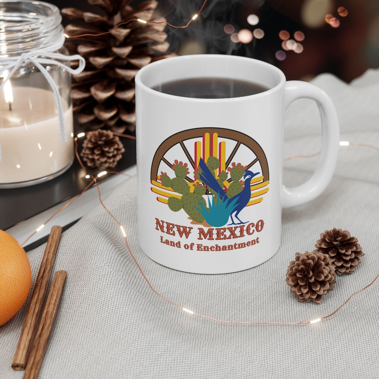 New Mexico: Land of Enchantment - Roadrunner & Cactus Ceramic Mug, (11oz, 15oz)