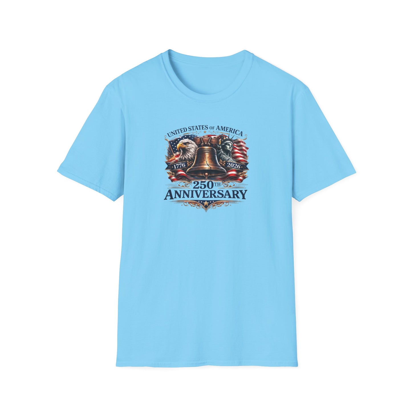 America 250: Liberty Bell with Eagle & Lady Liberty - Blue Letters Unisex Softstyle T-Shirt