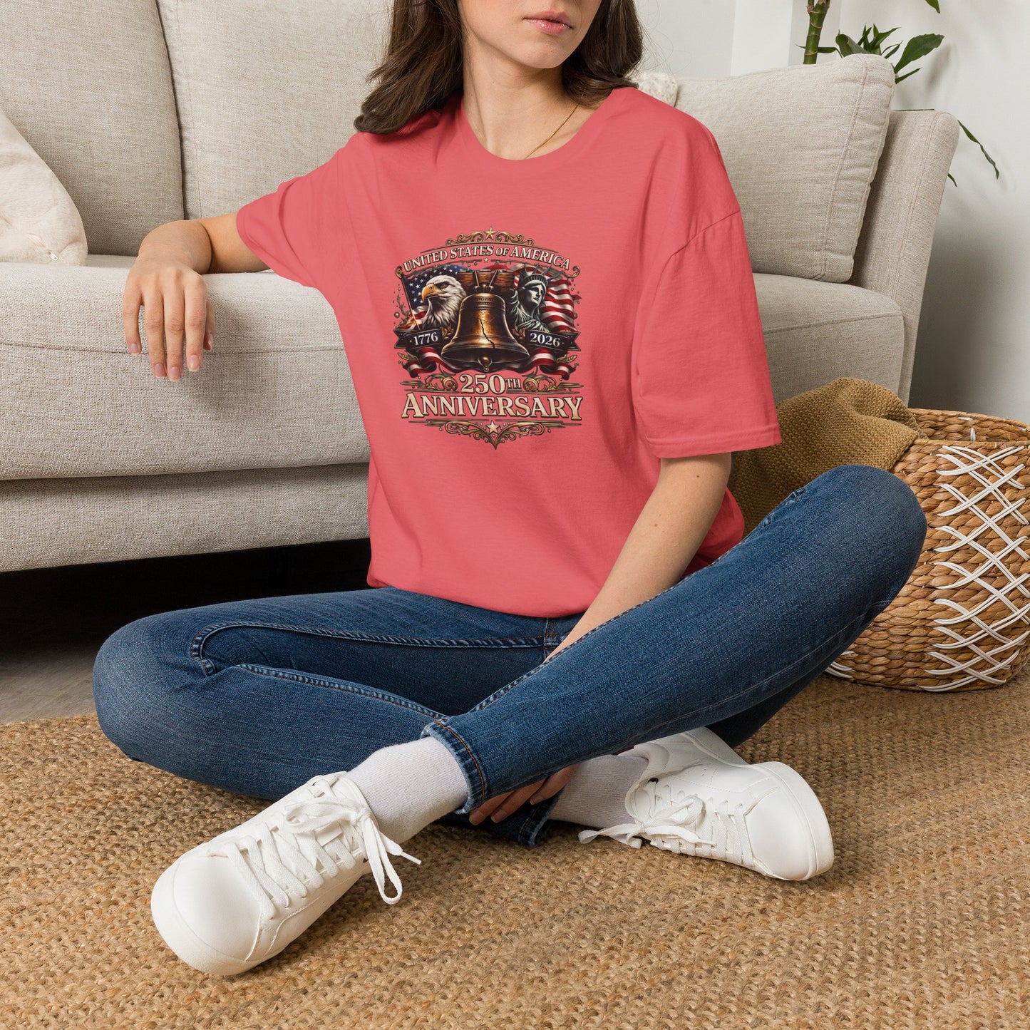 America 250: Liberty Bell with Eagle & Lady Liberty - White Letters Unisex Softstyle T-Shirt