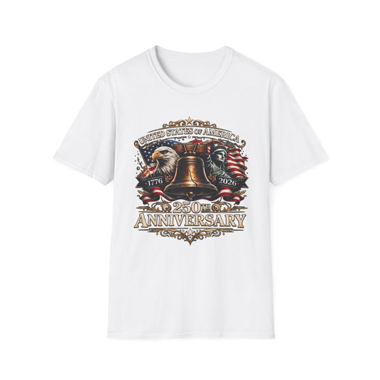 America 250: Liberty Bell with Eagle & Lady Liberty - White Letters Unisex Softstyle T-Shirt