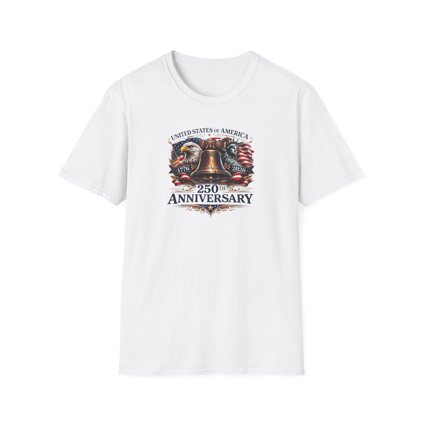 America 250: Liberty Bell with Eagle & Lady Liberty - Blue Letters Unisex Softstyle T-Shirt