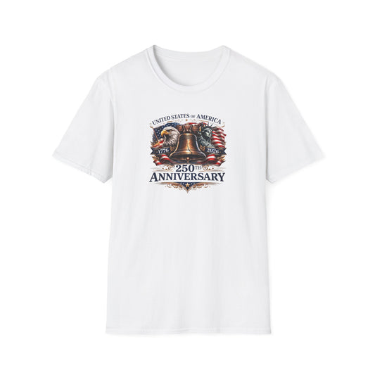 America 250: Liberty Bell with Eagle & Lady Liberty - Blue Letters Unisex Softstyle T-Shirt