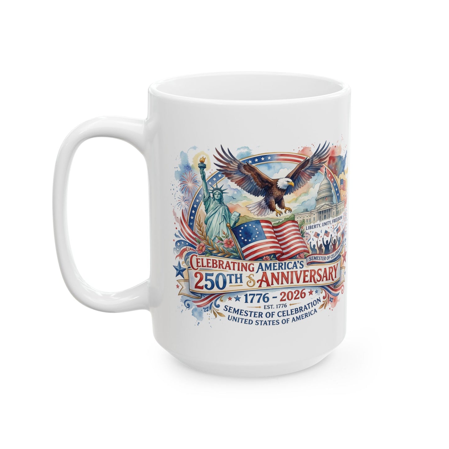 America 250: Watercolor Ceramic Mug, (11oz, 15oz)