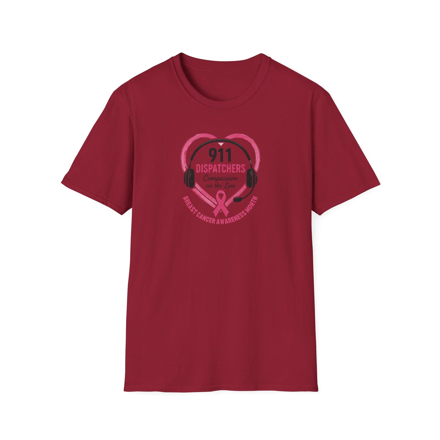 Breast Cancer Awareness: 911 Headset and Heart Unisex Softstyle T-Shirt