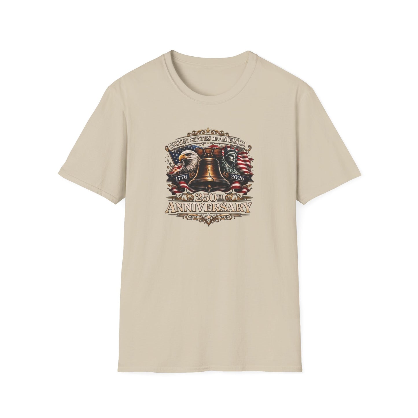 America 250: Liberty Bell with Eagle & Lady Liberty - White Letters Unisex Softstyle T-Shirt