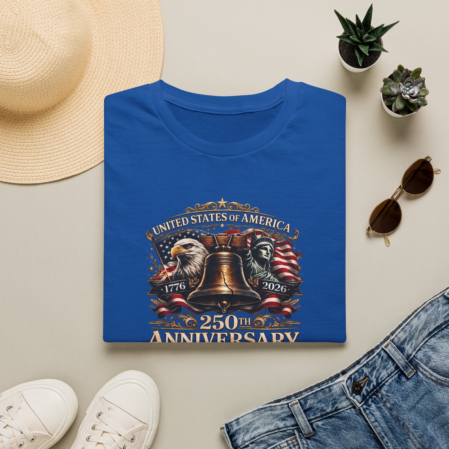 America 250: Liberty Bell with Eagle & Lady Liberty - White Letters Unisex Softstyle T-Shirt