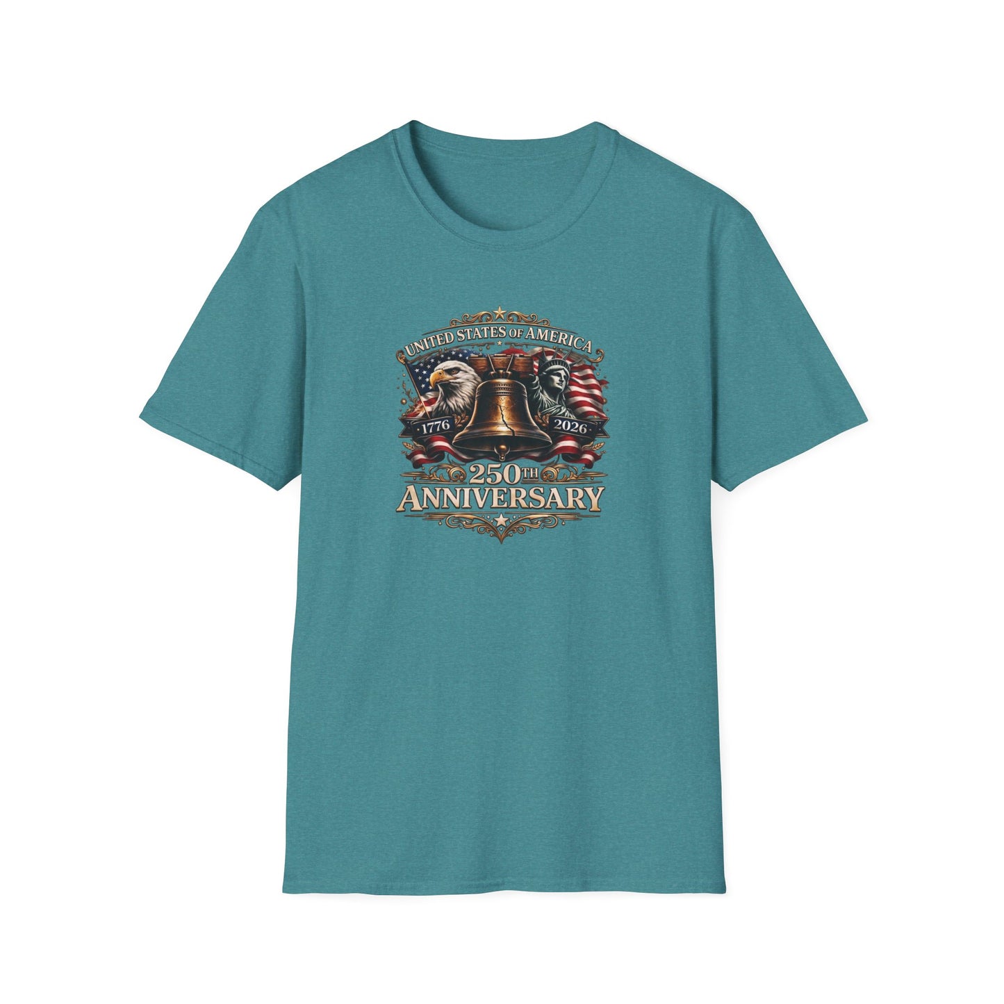 America 250: Liberty Bell with Eagle & Lady Liberty - White Letters Unisex Softstyle T-Shirt