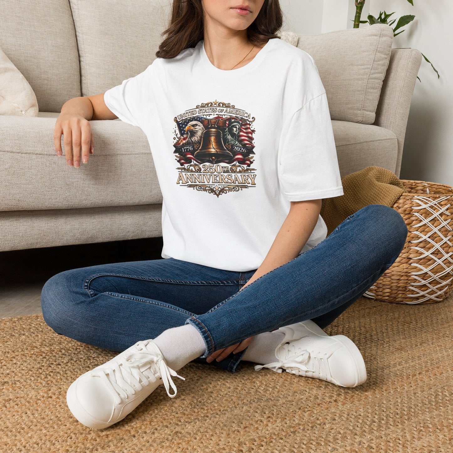 America 250: Liberty Bell with Eagle & Lady Liberty - White Letters Unisex Softstyle T-Shirt