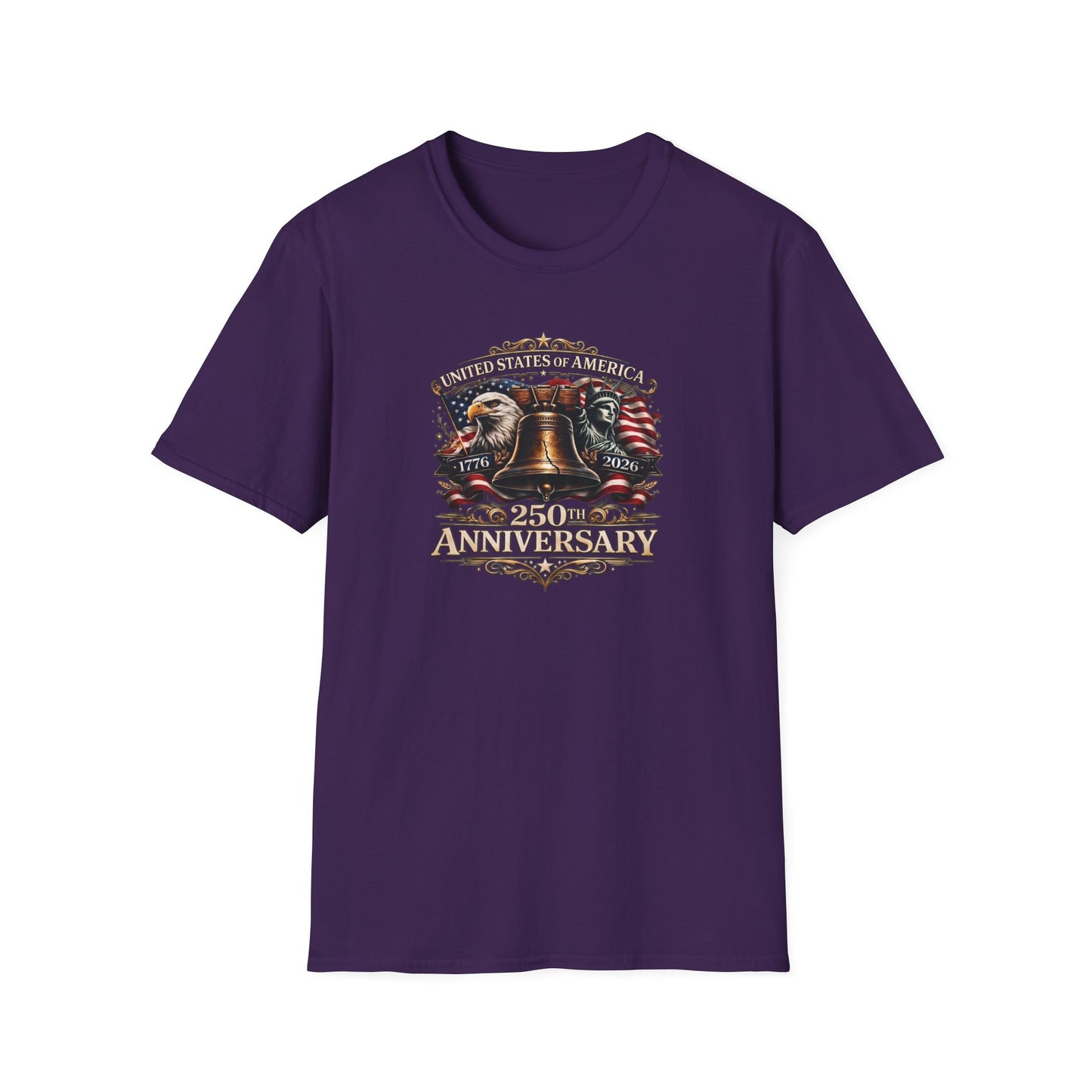 America 250: Liberty Bell with Eagle & Lady Liberty - White Letters Unisex Softstyle T-Shirt