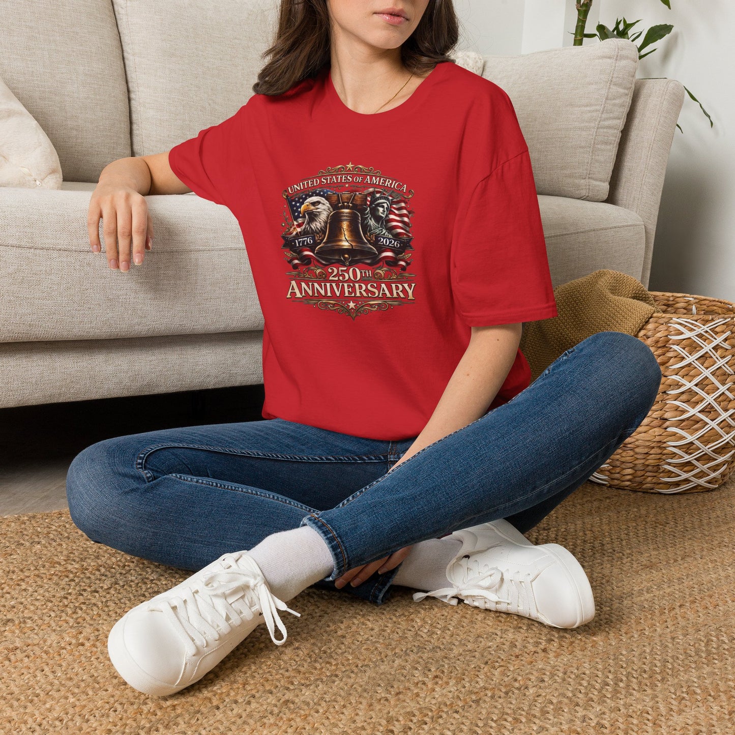 America 250: Liberty Bell with Eagle & Lady Liberty - White Letters Unisex Softstyle T-Shirt