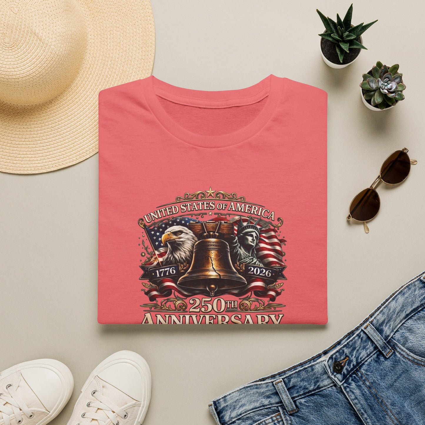 America 250: Liberty Bell with Eagle & Lady Liberty - White Letters Unisex Softstyle T-Shirt