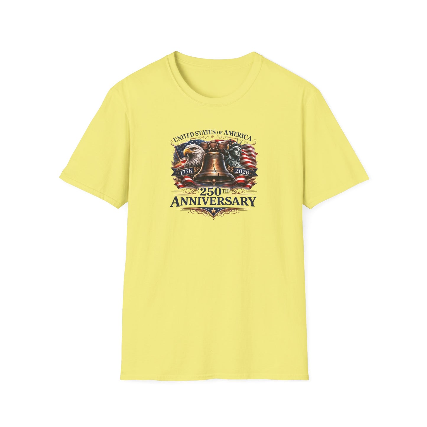 America 250: Liberty Bell with Eagle & Lady Liberty - Blue Letters Unisex Softstyle T-Shirt