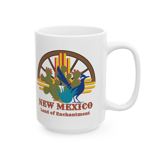 New Mexico: Land of Enchantment - Roadrunner & Cactus Ceramic Mug, (11oz, 15oz)