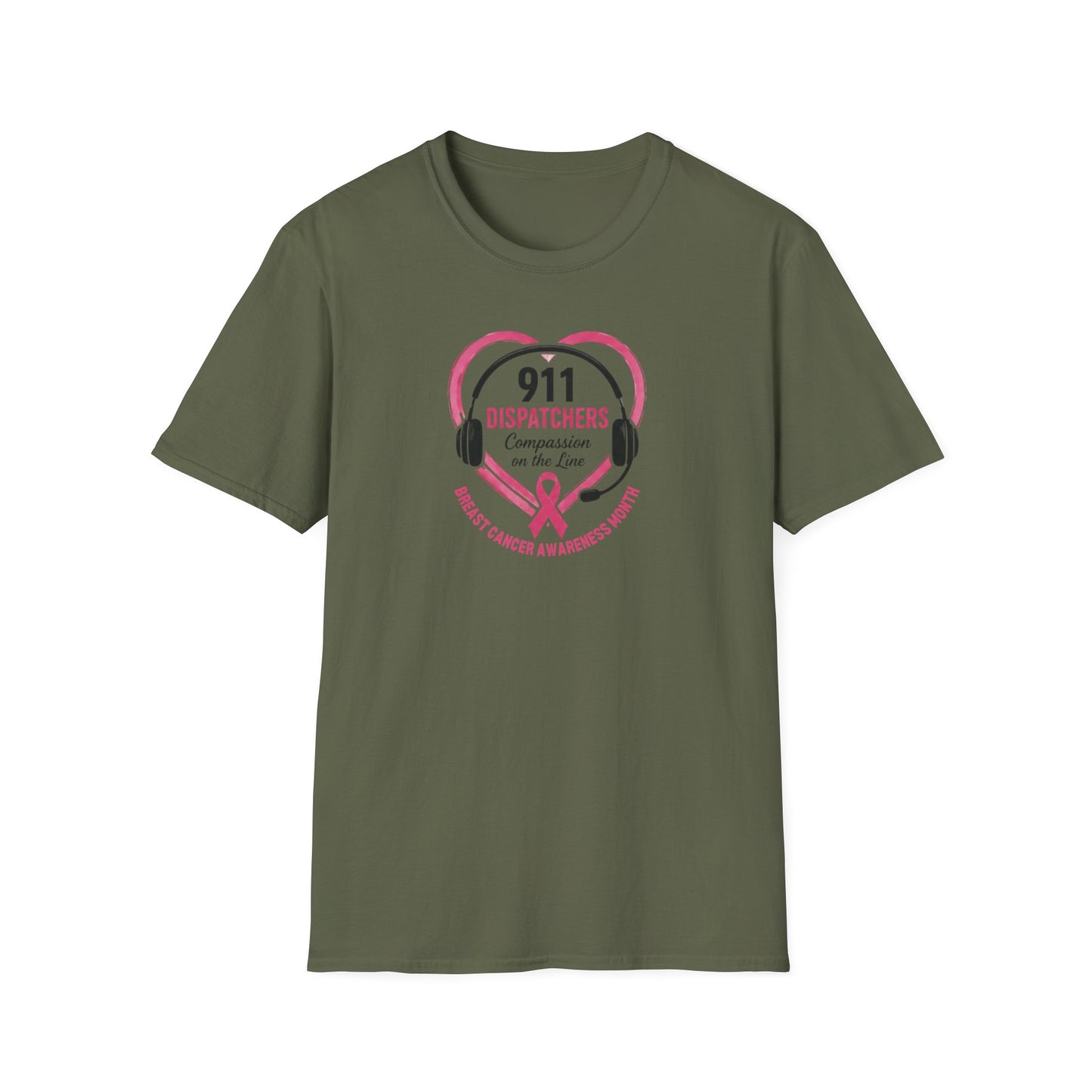 Breast Cancer Awareness: 911 Headset and Heart Unisex Softstyle T-Shirt