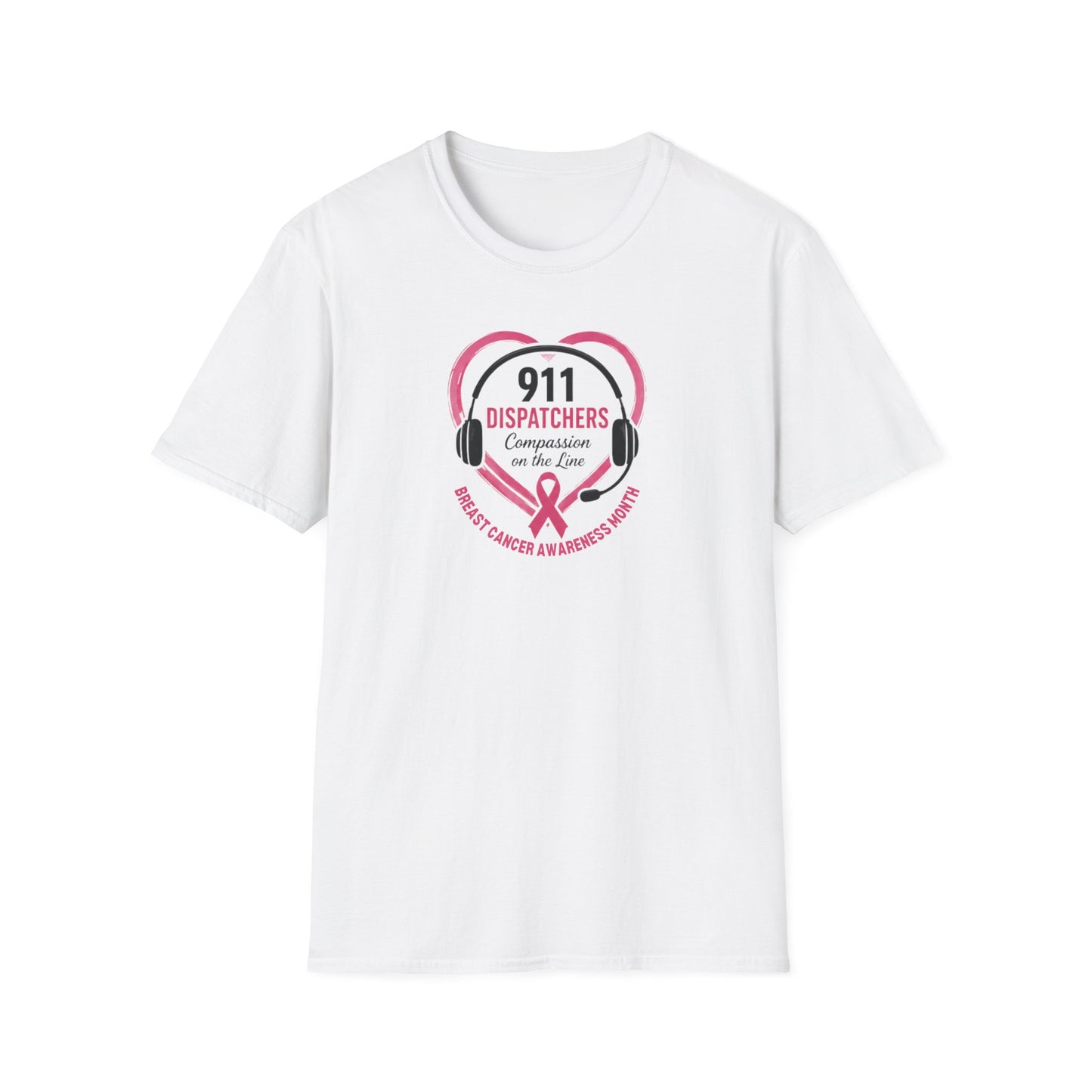 Breast Cancer Awareness: 911 Headset and Heart Unisex Softstyle T-Shirt