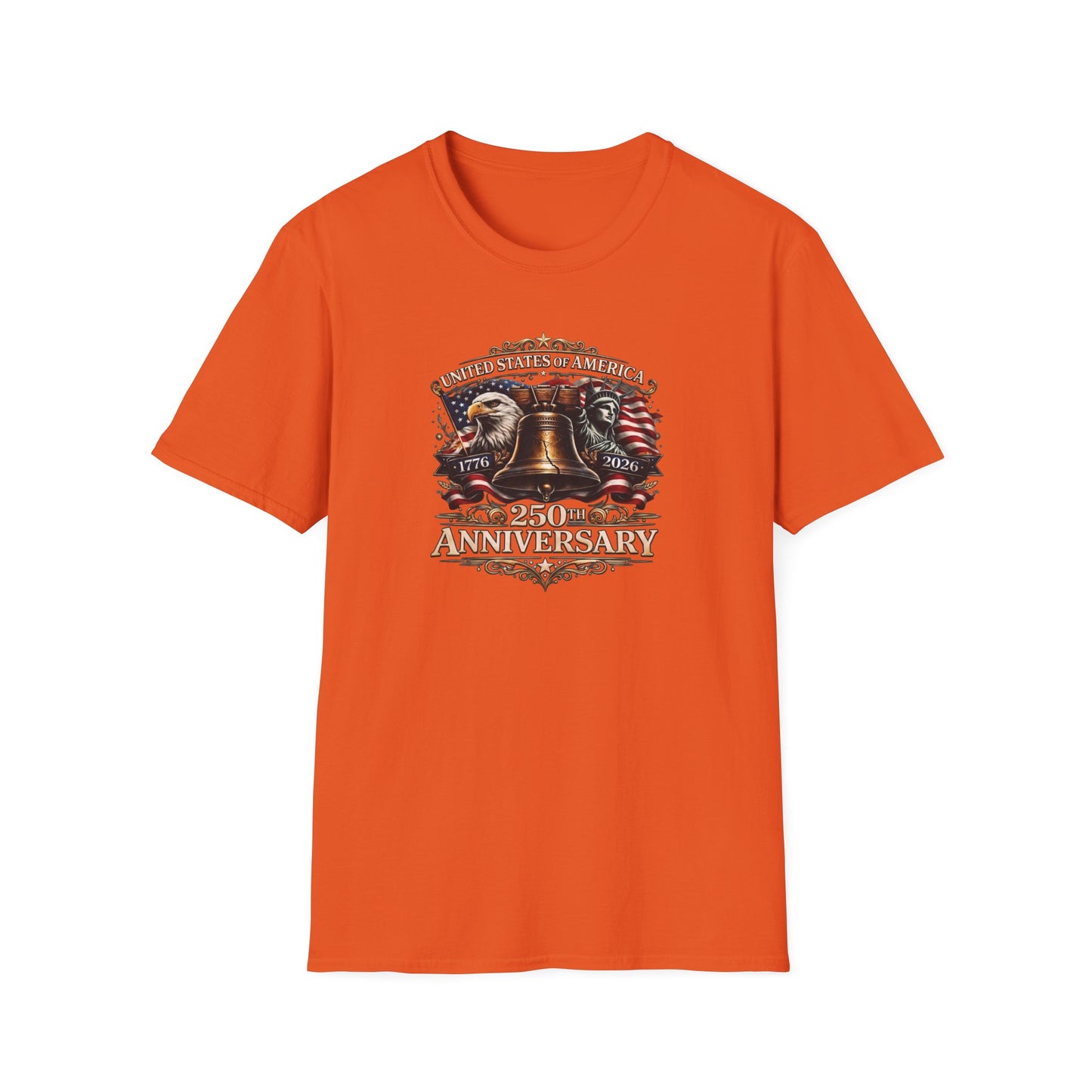 America 250: Liberty Bell with Eagle & Lady Liberty - White Letters Unisex Softstyle T-Shirt