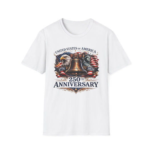 America 250: Liberty Bell with Eagle & Lady Liberty - Blue Letters Unisex Softstyle T-Shirt