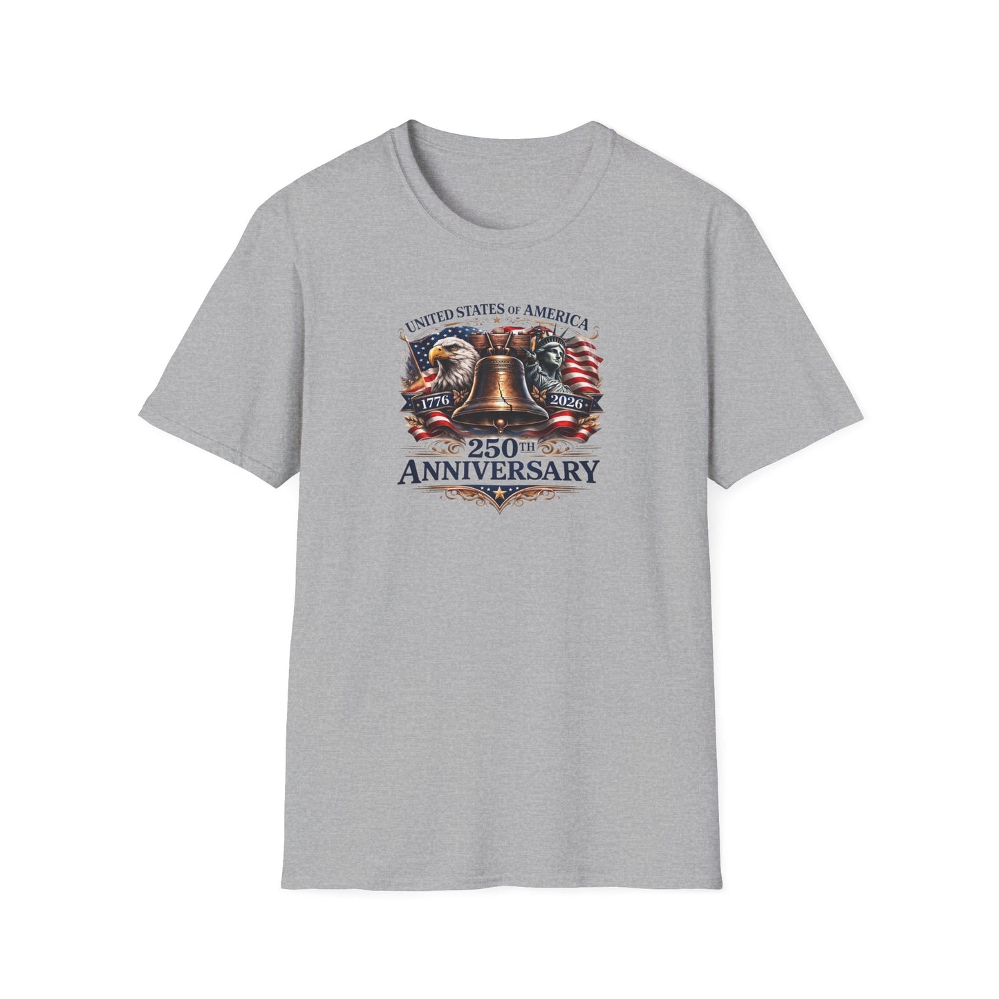 America 250: Liberty Bell with Eagle & Lady Liberty - Blue Letters Unisex Softstyle T-Shirt