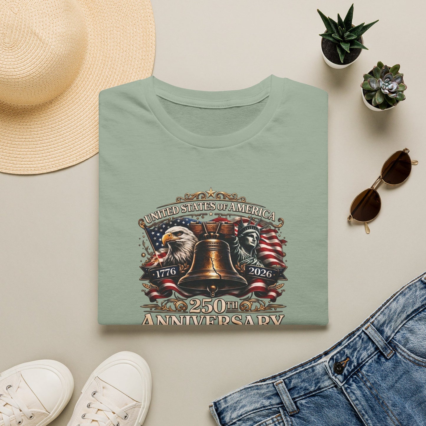 America 250: Liberty Bell with Eagle & Lady Liberty - White Letters Unisex Softstyle T-Shirt
