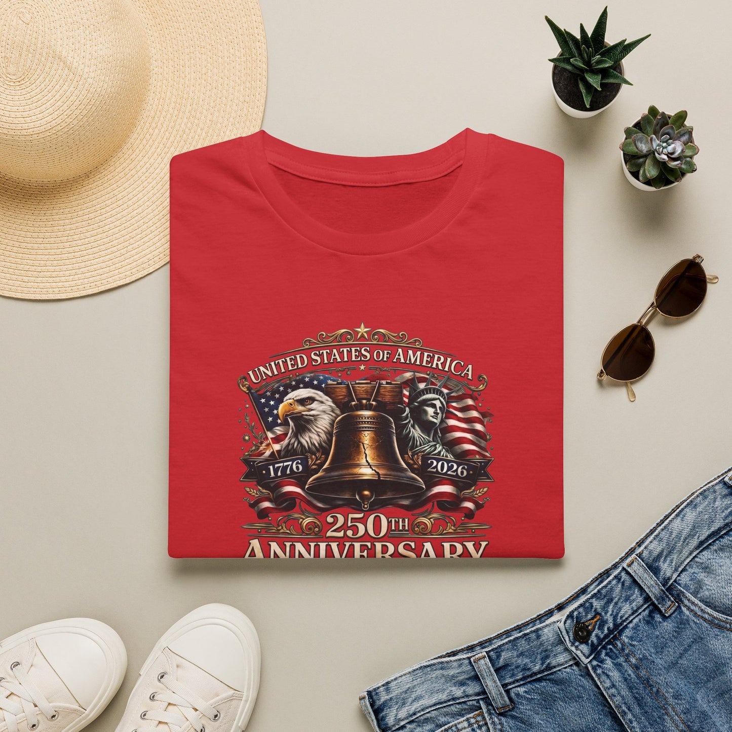 America 250: Liberty Bell with Eagle & Lady Liberty - White Letters Unisex Softstyle T-Shirt