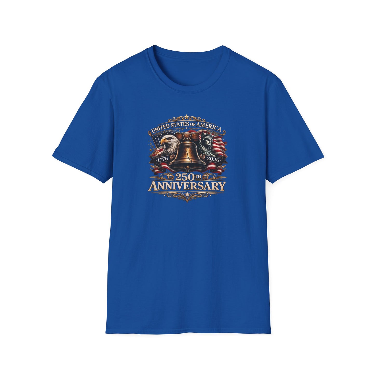 America 250: Liberty Bell with Eagle & Lady Liberty - White Letters Unisex Softstyle T-Shirt