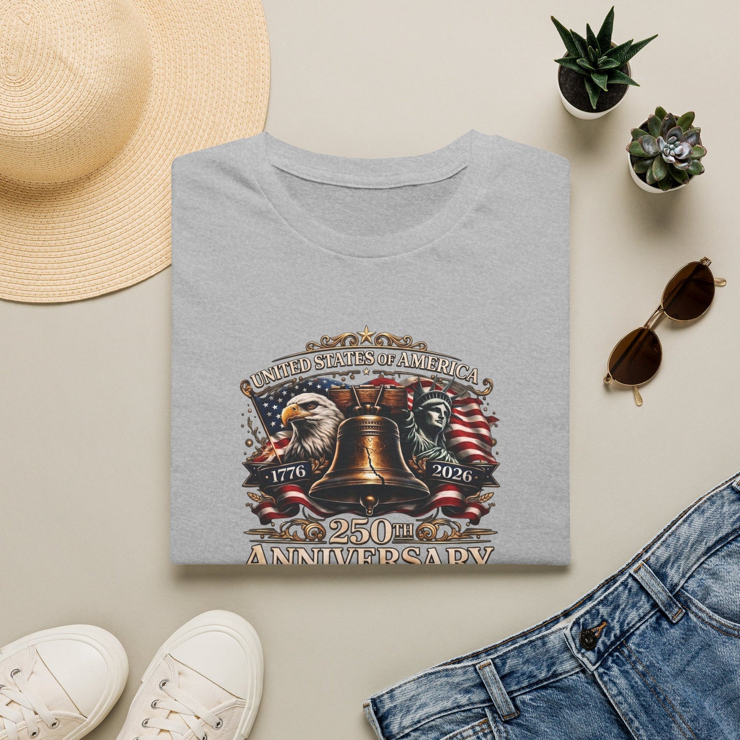 America 250: Liberty Bell with Eagle & Lady Liberty - White Letters Unisex Softstyle T-Shirt